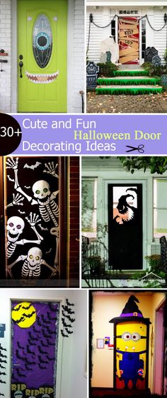 the front door is decorated for halloween with decorations on it, and an image of a cartoon