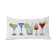 a white pillow with different types of cocktails on the front and sides, all in various