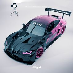 a black and pink sports car on a white background with a camera in the foreground