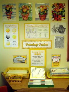 a desk with several books and pictures on the wall next to it is a bulletin board that says drawing center