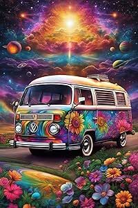 a vw van parked on the side of a road surrounded by flowers and planets