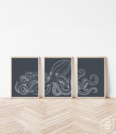 two black and white prints with an octopus drawn on them in front of a wall