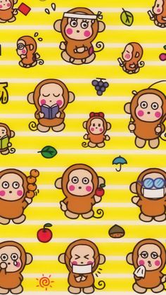 an image of monkeys with different facial expressions on yellow striped background that is very cute