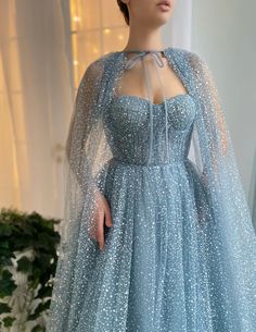 Blue Skies Capelet Gown | Teuta Matoshi Sparkly Prom Dress, Strapless Prom Dresses, Prom Dresses With Pockets, Evening Party Gowns, Unique Prom Dresses, Short Prom Dress, Formal Party Dress, A Line Prom Dresses