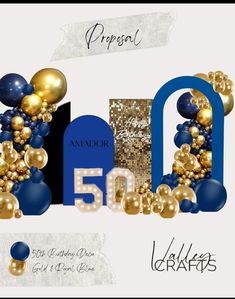 an advertisement for the 50th anniversary celebration in blue and gold with balloons, presents, and gifts