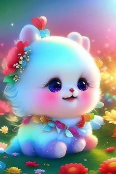 a cute little white teddy bear sitting on top of a grass covered field with flowers