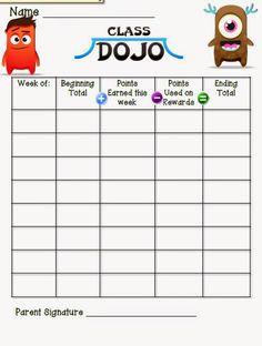 a printable worksheet for class dojo with two cartoon characters on it