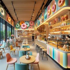 the inside of a donut shop with colorful walls