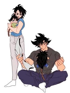 two anime characters sitting on the ground with one holding an infant in his arms and the other