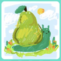 a drawing of a large green fruit sitting on top of a grass covered field