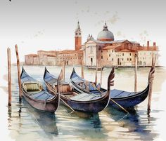 watercolor painting of gondolas in front of an italian cityscape with buildings