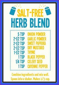 the salt - free herb blend poster is shown in blue and yellow, with instructions for how to use it