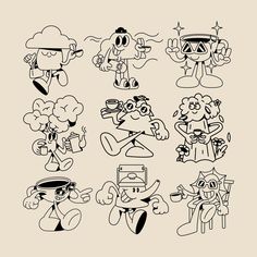 cartoon characters are drawn in black and white