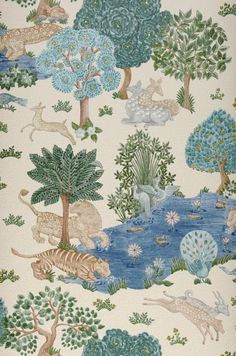 an image of a wallpaper with animals and trees on it's side,