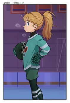 an anime character is standing with her back to the camera and holding a baseball mitt