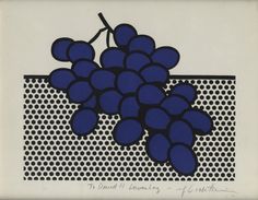 a blue and white painting with grapes on it