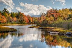 a river surrounded by trees with fall colors in the background and clouds in the sky