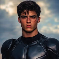 a young man dressed in black leather looks at the camera with an intense look on his face