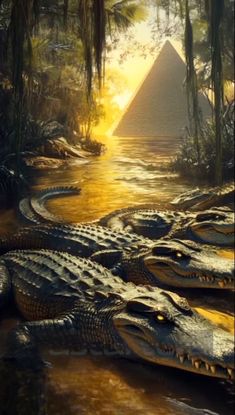 two crocodiles are laying in the water next to an egyptian pyramid