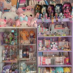 there are many little toys on the shelves