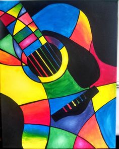 an abstract painting of a guitar with multicolored lines on it's body