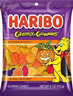 a bag of halloween gummy candy with an image of a cartoon character on it