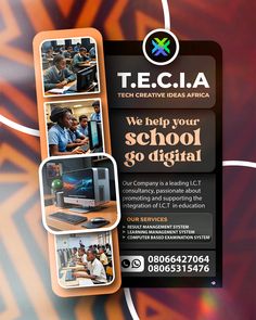 an advertisement for te c i a with images of people working on computers and using laptops