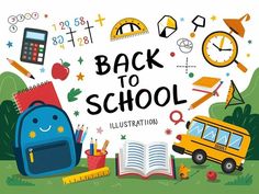 the back to school illustration is shown with books, pencils, and an apple