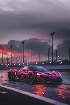 a purple and red sports car parked in the rain