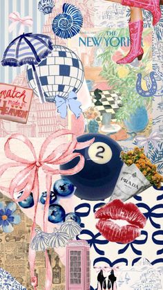 a collage of various items including lipstick, umbrellas and other things on it