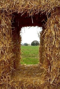 an open doorway made out of hay in the middle of a field