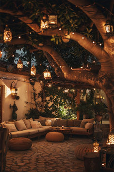 Serene patio setting with hanging lanterns and soft lighting for a cozy night, highlighting Patio Lighting Ideas for Cozy Nights. Cute Lighting Ideas For Living Room, Cozy Outside Space, Cozy Outdoor Furniture, Cozy Kitchen Lighting, Fairy Light Backyard, Outdoor Retreat Ideas, Back Porch Lights, Secret Garden Cafe Ideas, Backyard Lights Aesthetic