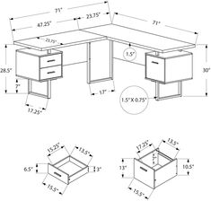 an office desk with two drawers and one drawer on the side, measurements for each