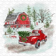 an old red truck with a christmas tree in the bed is parked next to a barn