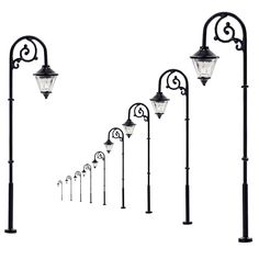 a set of five street lights next to each other