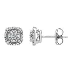 She'll adore the touch of sparkle these fashion stud earrings bring to her look. Crafted in sterling silver, each earring features a diamond accent centered in a sparkling cluster of diamond accents and beaded detailing - all wrapped in a cushion-shaped polished and then a diamond-accented and beaded frame. Buffed to a brilliant luster, these post earrings secure comfortably with friction backs Size: one size.  Color: White.  Gender: female.  Age Group: adult. Beaded Frame, Halo Stud Earrings, Halo Earrings Studs, Diamond Cluster, Round Cut Diamond, Post Earrings, Mother’s Day, Round Cut, Gender Female