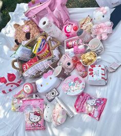 a bunch of items that are laying out on the ground together in front of a white table cloth