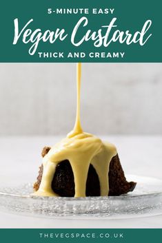 a dessert on a plate with the words 5 - minute easy vegan custard thick and creamy