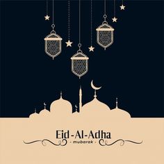 an arabic greeting card for eid al - adha mubarak with hanging lanterns and stars