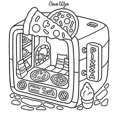 a cartoon drawing of an oven with food inside