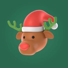 a reindeer head wearing a santa hat on green background with red nose and antlers