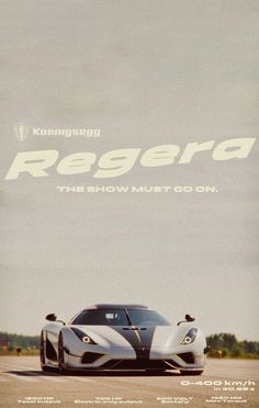 a white and black sports car driving down a road with the words regera on it