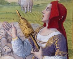 a painting of a woman holding a stick with sheep in the background