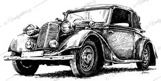 an old fashioned car is shown in this black and white drawing, it appears to be from the early 20th century