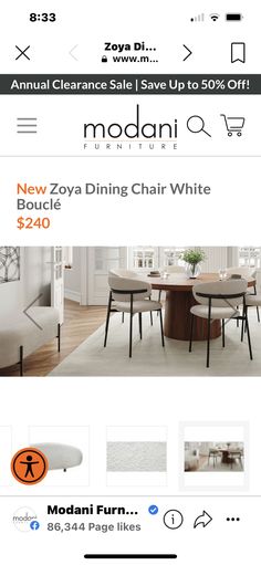 an ad for modern furniture on the app store's mobile phone screen, with text that reads modani new zoya dining chair white $ 240