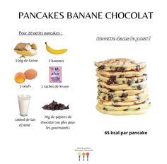 pancakes with chocolate chips and other ingredients are shown in this graphic above the caption reads, pancakes banane chocolat