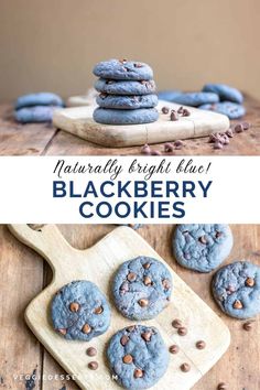 blueberry cookies are stacked on top of each other with chocolate chips in the middle