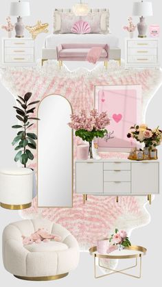 a pink and white bedroom with gold accents, furniture and flowers in vases on the table