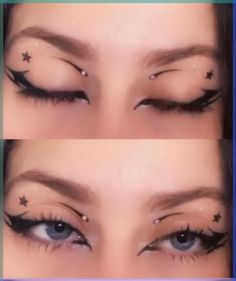 Cute lil make up with glitters and stars and all that. Graphic liner, eye make up #makeuptutorial #makeupoftheday #makeupvideos #eyelinertutorial #graphicliner #liners #eyeliner #eyeliners #wateractivatedliner #colouredeyeliner #brightmakeup #coloreyeliner Y2k Makeup Looks Eyeliner, Eyeliner Cute Ideas, Eye Looks Eyeliner, Eyeliner And Glitter Makeup, Cool Makeup Eyeliner, Eclipse Inspired Makeup, Cute Alt Eyeliner, Cute Star Makeup Looks, Cute Liner Looks