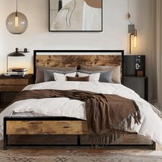 a bedroom with a bed, nightstands and pictures on the wall above it that have been made to look like wood